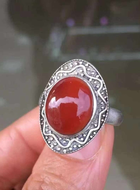 瓦西南红玛瑙满肉纯色玫瑰红女款戒指自然光实拍复古活口经典时尚