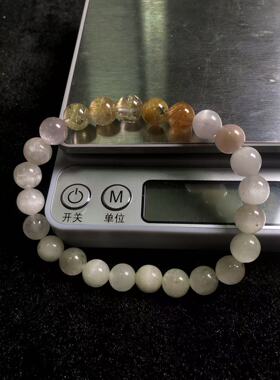 天然猫眼拉丝紫锂辉搭配金钛晶发晶手串冰透满拉丝粉紫色男女款