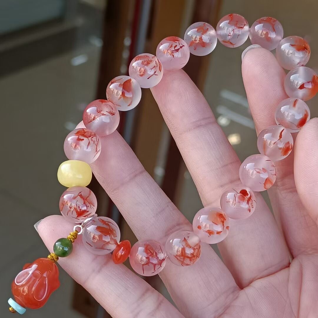 天然南红玛瑙冰飘辣椒红手串前程似锦单圈圆珠手链diy兔子吊坠女