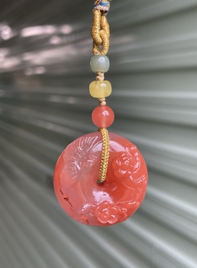 川料南红玛瑙樱桃红飘花喜上眉梢平安扣吊坠项链男女款原创设计女
