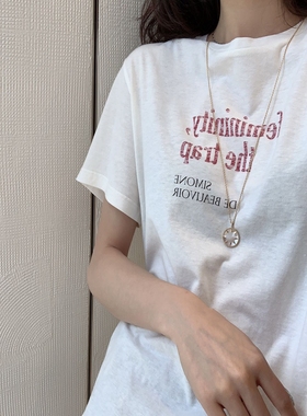 自由女性~白色印花字母复古正肩t恤短袖女 夏设计感小众棉麻体恤