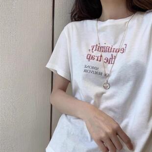 女性主义 白色印花字母复古正肩t恤女夏 设计感小众圆领棉麻短袖