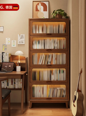 实木书柜防尘带玻璃门书架组合柜带门落地家用客厅美式书柜中古风