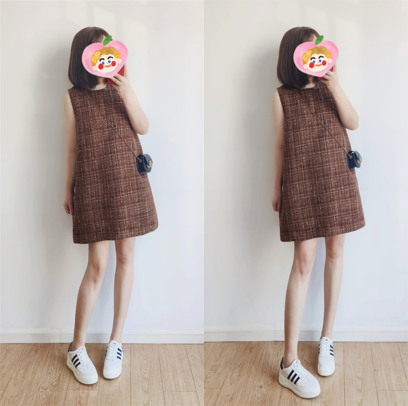 咖啡色短款气质满满简约无袖背心裙春秋女新款内搭外穿连衣裙裙子