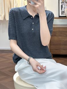 韩版 翻领短袖 25早秋新款 时尚 打底上衣潮 针织衫 女宽松显瘦百搭长袖