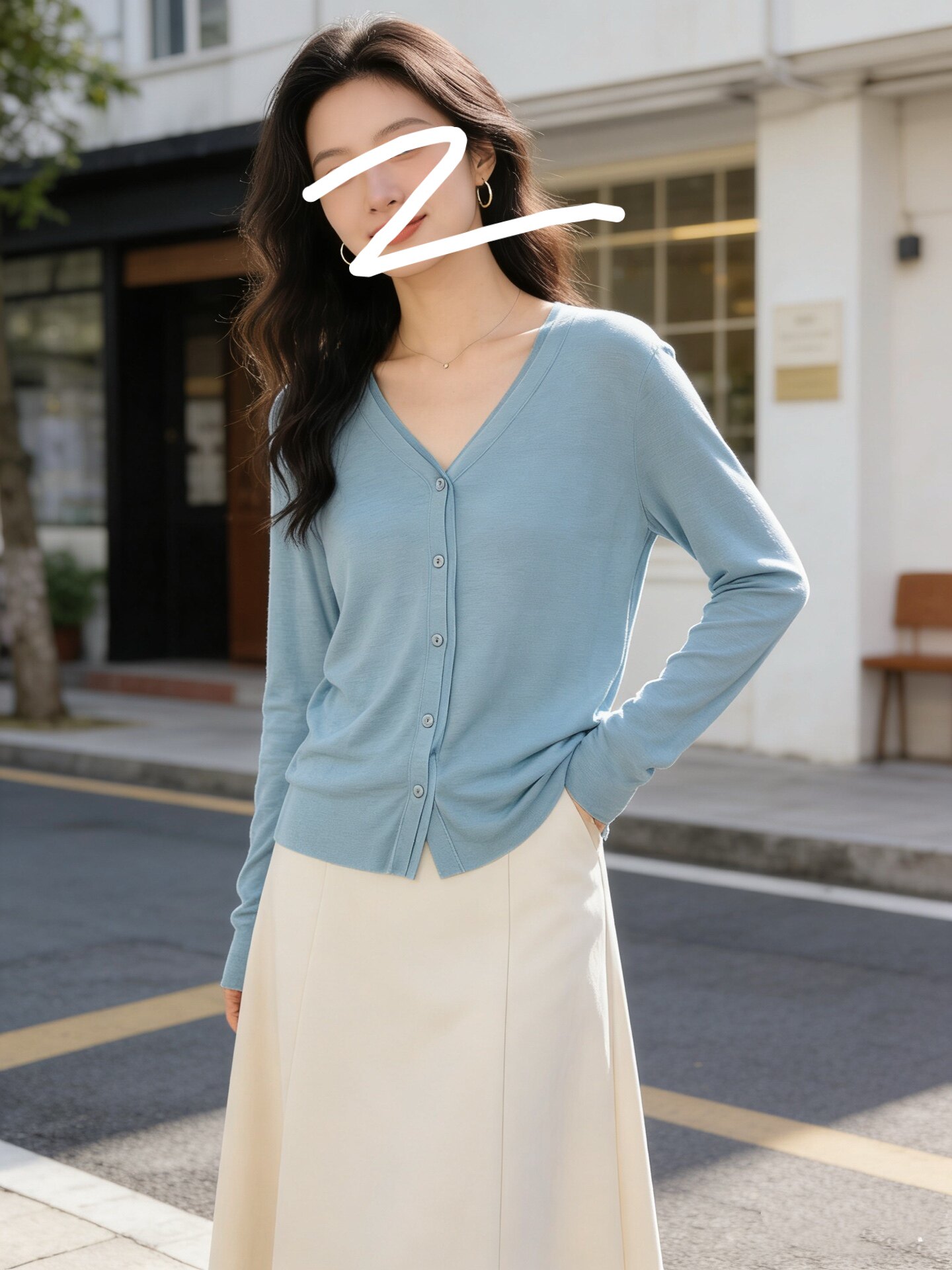 春夏款韩版简约百搭修身雾霾蓝V领天丝针织开衫女毛衣上衣小个子