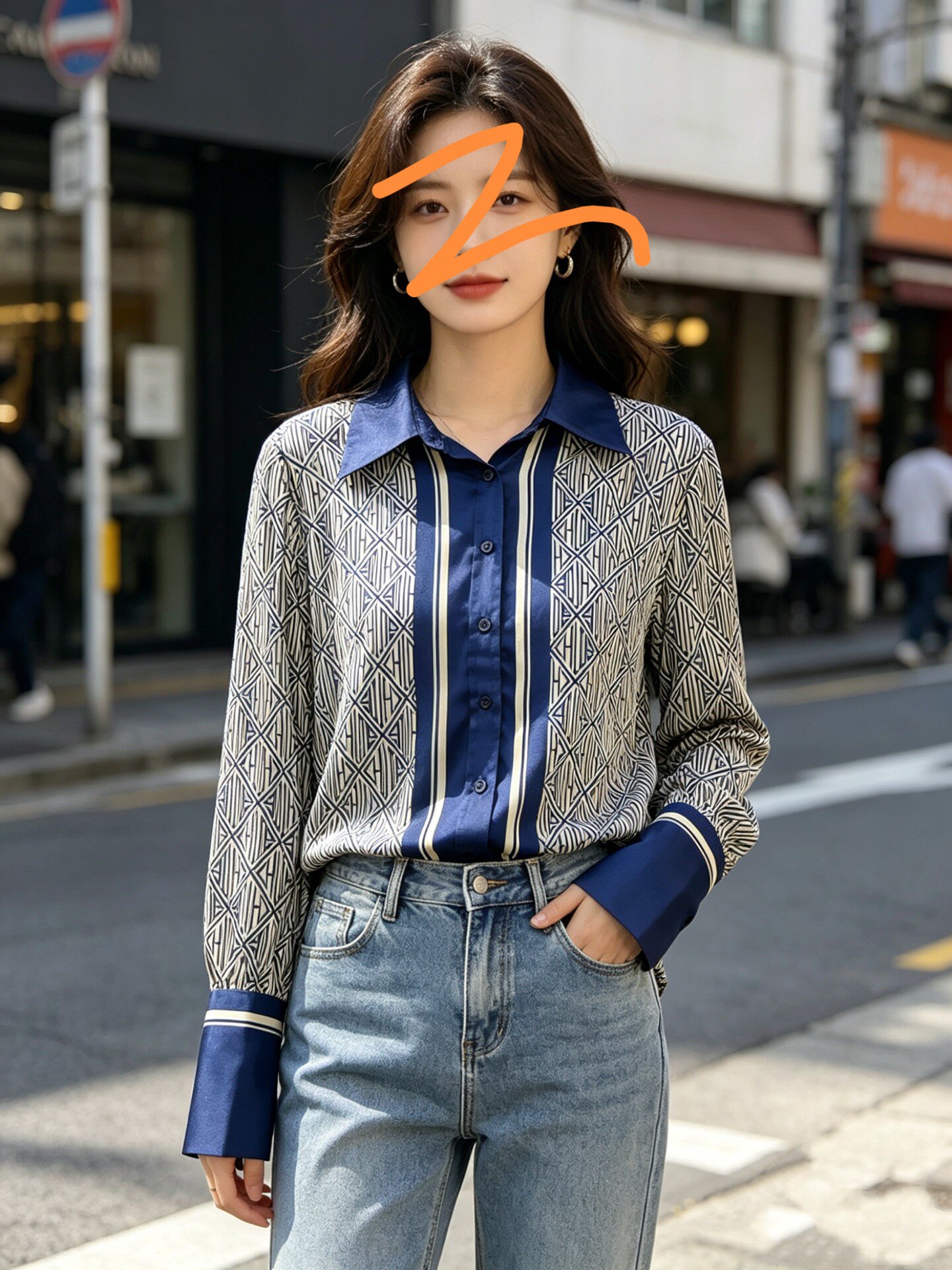 欧洲站春夏韩版宽松印花翻领单排扣上衣女显瘦桑蚕丝真丝缎衬衫女