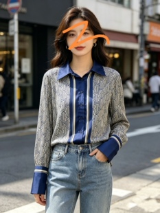 欧洲站春夏韩版宽松印花翻领单排扣上衣女显瘦桑蚕丝真丝缎衬衫女