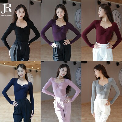 JIA.DANCE新款方领长袖拉丁舞上衣国标舞服女秋冬自带胸垫