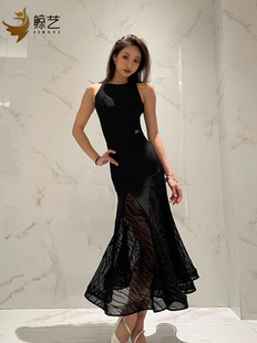 鲸艺拉丁摩登舞服百搭经典黑色吊带后背交叉上衣双层网纱半裙套装