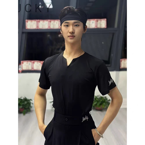 lucky拉丁舞服男士新款夏季短袖V领上衣扣子直筒拉丁裤练功服艺考