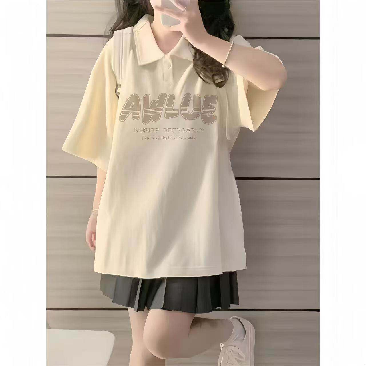 浅杏色纯棉Polo领短袖t恤女大童夏季新爆款初中高中学生宽松上衣