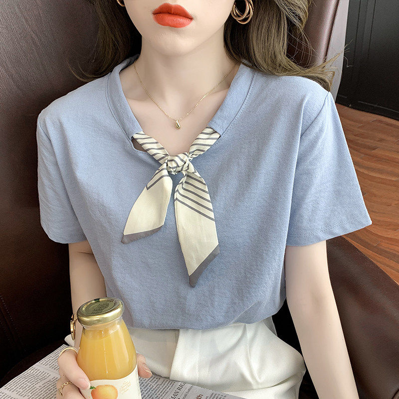 小香风短袖女夏条纹领结丝带设计气质温柔T恤纯棉正肩圆领上衣