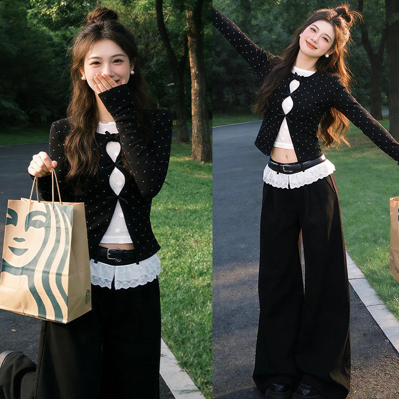 早春装穿搭一整套2026韩系高知得体轻熟风别致修身上衣阔腿裤套装