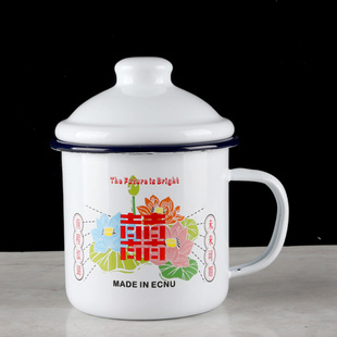 加厚搪瓷杯带盖定制老式茶杯复古款马克杯大容量铁茶缸子怀旧印花