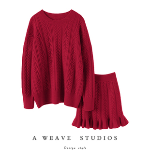 摩登都市！绞花加厚山羊绒衫100纯羊绒女圆领短裙羊绒套装秋冬