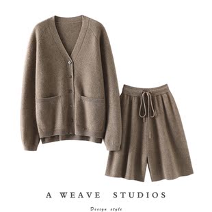 套装 盛赞自留 休闲五分裤 女纯羊绒针织外套短裤 加厚V领羊绒开衫