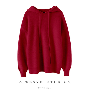女卫衣纯羊绒毛衣冬 车厘子红重磅加厚四平针连帽羊绒衫 版 型出众