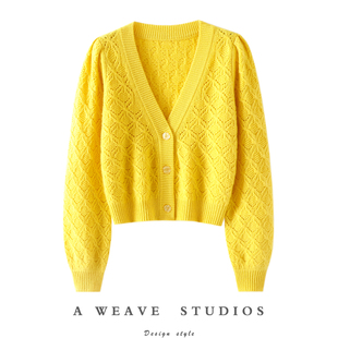 大美气韵！V领加厚镂空100%纯山羊绒开衫女短款羊绒毛衣外套秋冬