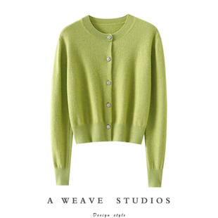 心水一万次！圆领100%纯山羊绒开衫女纯羊绒毛衣针织开衫秋冬短款