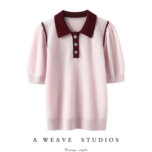 空调衫 女纯羊绒毛衣POLO领镂空针织衫 羊绒短袖 沉迷设计之美