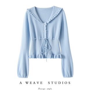 官方正品~后系带木耳边100%纯山羊绒开衫女纯羊绒毛衣针织衫秋冬