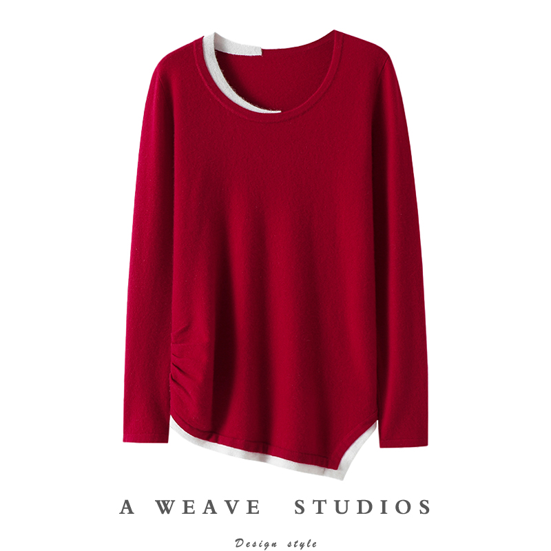 炙手可热！100%纯山羊绒衫女圆领假两件羊绒毛衣针织打底衫秋冬