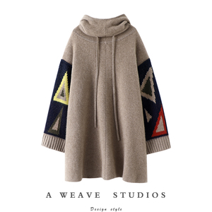 致敬重磅！连帽几何提花阔袖羊绒衫女中长款纯羊绒帽衫连衣裙子