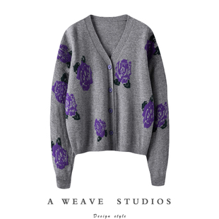 火的不行~玫瑰花v领廓形100%羊绒开衫女纯羊绒毛衣针织衫外套秋冬