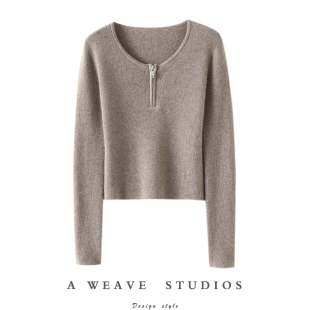 拉链圆领羊绒衫 启超 女修身 秋冬 纯羊绒毛衣打底衫 多巴胺穿搭