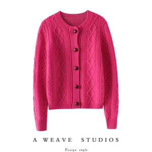 重磅奢华！真皮包扣复古奶奶风羊绒开衫女纯羊绒毛衣针织加厚外套