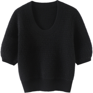 宝藏气质设计！加厚保暖U型圆领羊绒衫女短袖纯羊绒毛衣短款宽松