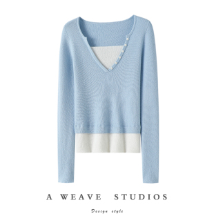 女假两件纯羊绒毛衣针织打底衫 官方正品 气质V领100%纯山羊绒衫