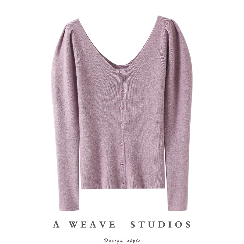 美翻了哇！复古泡泡袖前后V领100%纯羊绒衫女毛衣针织打底衫秋冬