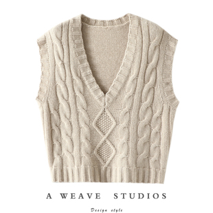 启超100%纯山羊绒衫 羊绒针织马甲背心女外穿加厚宽松坎肩V领