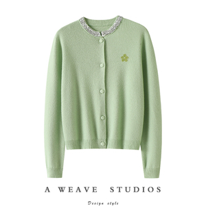 官方正品！令人陶醉！亮片设计100%纯羊绒衫花朵提花针织开衫外套