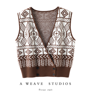 套上就可以出门啦 几何提花大V领羊绒坎肩女背心纯羊绒毛衣马甲厚