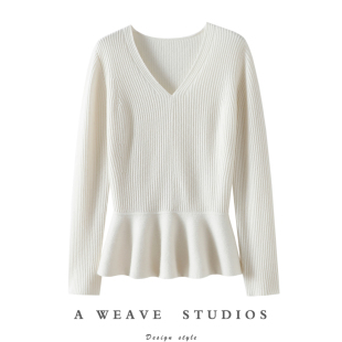 老钱与新贵都钟情 女V领荷叶花边纯羊绒毛衣 加厚100%纯山羊绒衫