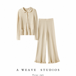 子女外穿套装 启超版 女针织羊绒裤 加厚花边100%纯羊绒开衫 型封神