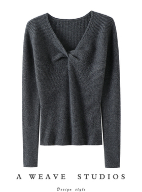 秀场之作！扭结V领100%纯山羊绒衫女纯羊绒毛衣针织打底衫秋冬