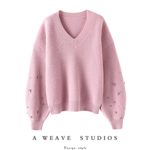 加厚山羊绒衫 惊艳星钻 女V领纯羊绒毛衣套头宽松冬 璀璨 女神