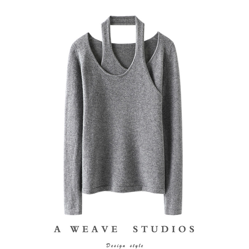 妥妥的回头率~气质！挂脖圆领山羊绒衫女纯羊绒毛衣针织衫露锁骨,女装/女士精品,羊绒衫,淘宝优惠券,粉丝福利购,淘宝优惠卷