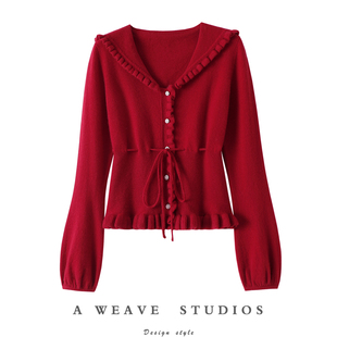 真的王炸~后系带木耳边100%纯山羊绒开衫女纯羊绒毛衣针织衫秋冬