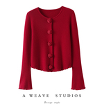 气质聚会！花朵纽扣100%纯山羊绒开衫女纯羊绒毛衣针织开衫短外套