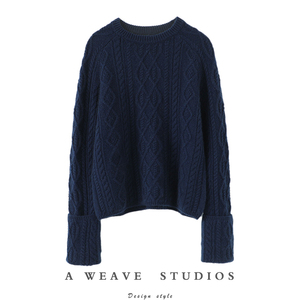 时髦小仙女！加厚圆领羊绒衫女绞花翻边袖设计纯羊绒毛衣针织衫冬