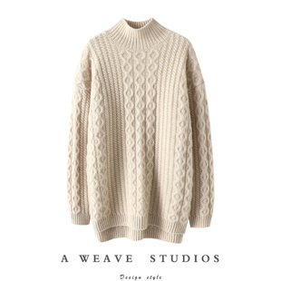 花色很美~半高领羊绒衫女100%纯山羊绒加厚宽松中长款毛衣女冬