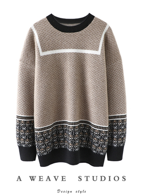 出镜率巨高！复古绿色下摆图腾提花羊绒衫女纯羊绒毛衣宽松加厚