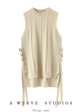 好看的不忍心妒忌！侧边绑带绞花羊绒背心女纯羊绒衫毛衣马甲秋冬