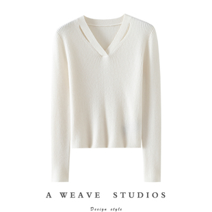 女纯羊绒毛衣秋冬短款 V领镂空100%山羊绒衫 白富美光环 官方正品