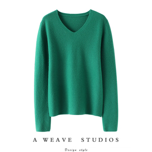 穿搭很抬气！气质反针~V领羊绒衫女纯羊绒毛衣套头针织打底衫秋冬